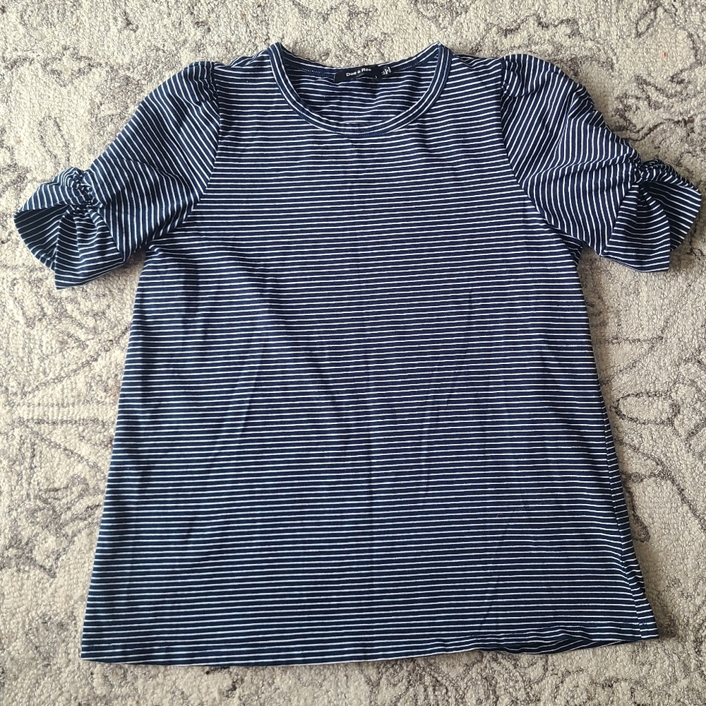 Doe And Rae Puff Sleeve Twist Tie Navy Striped Top Modest